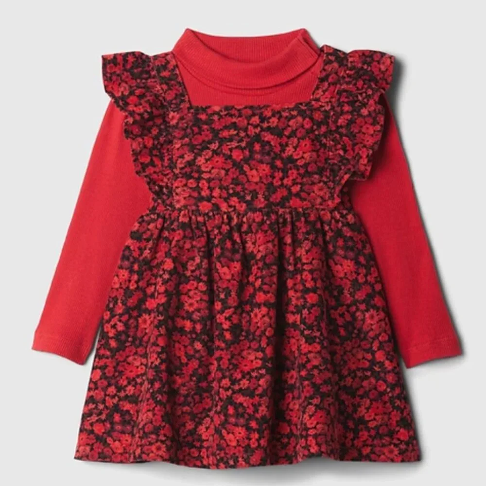 Baby GAP Girls Turtleneck Ruffle Pinafore Dress Matching Set Size 12-18